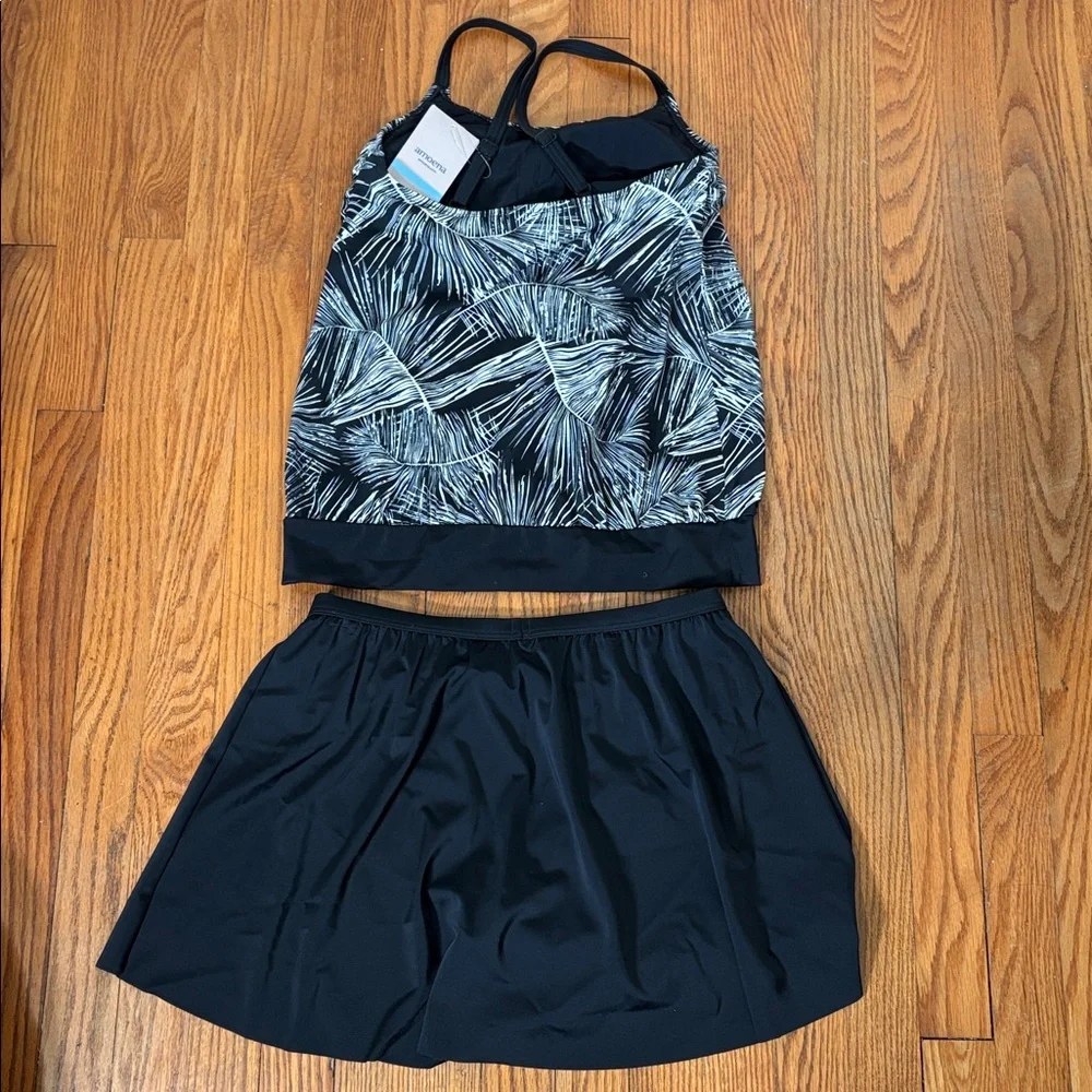 Amoena Florida Pocketed blouson tanikini & skirt Swimsuit Black size 8 cup C NWT